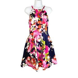 NWOT Vince Camuto Sleeveless Stretch Floral‎ Midi Lined Dress Size 8 Blue Pink
